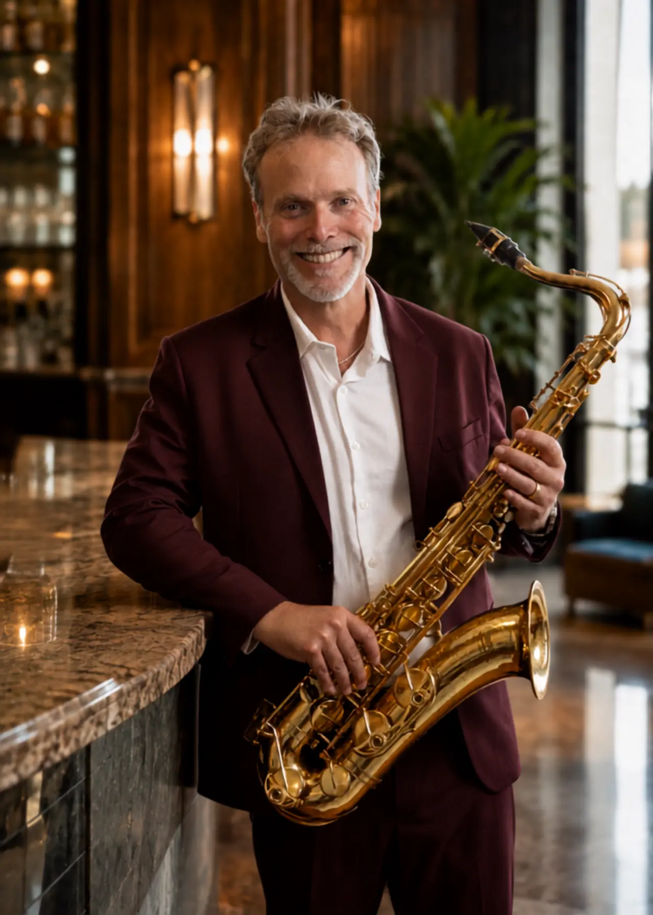 Howard Anderson with his saxophone in a luxury lounge