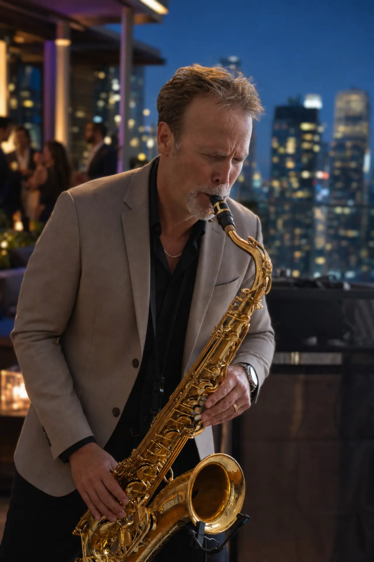 Howard performing live saxophone at an upscale rooftop event