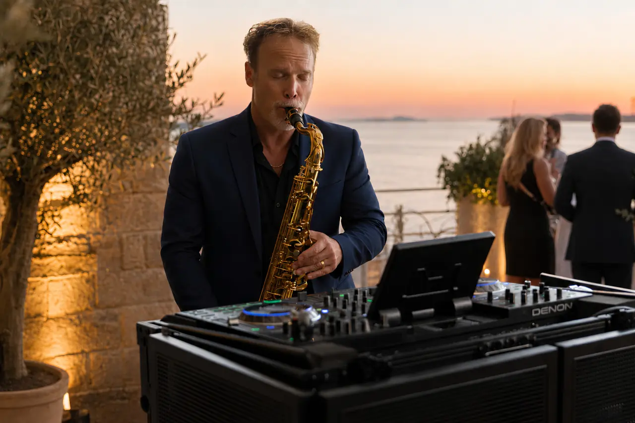Howard Anderson performing saxophone beside his DJ controller at a Mediterranean sunset destination event