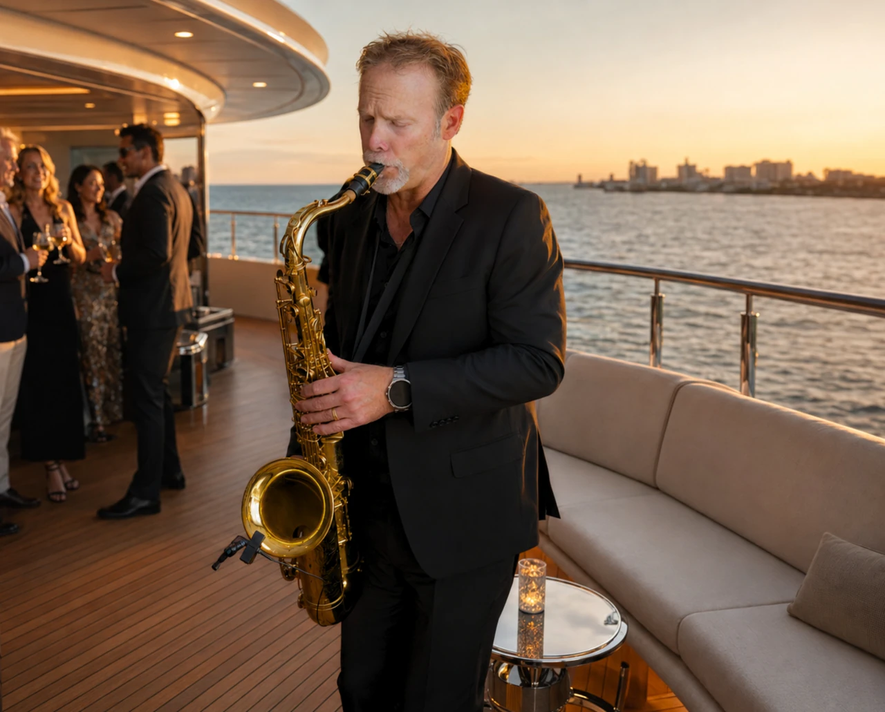 Live saxophone performance during a sunset yacht party